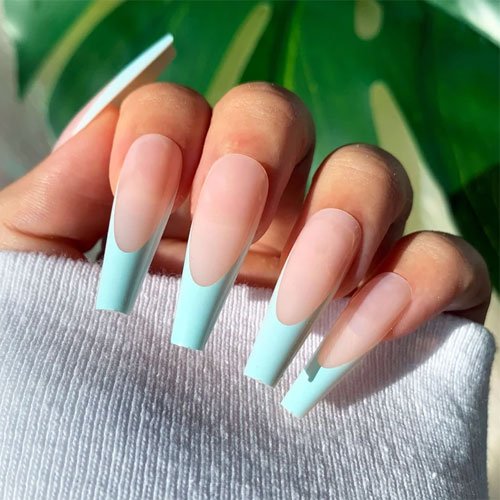 Long Light Blue French Tip Nails