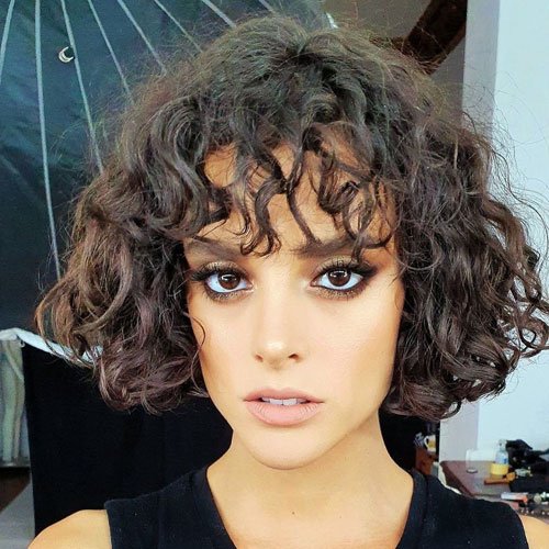 Messy Curly Hair Bob with Bangs