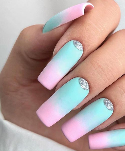 Long Pink Green Spring Ombre Nails