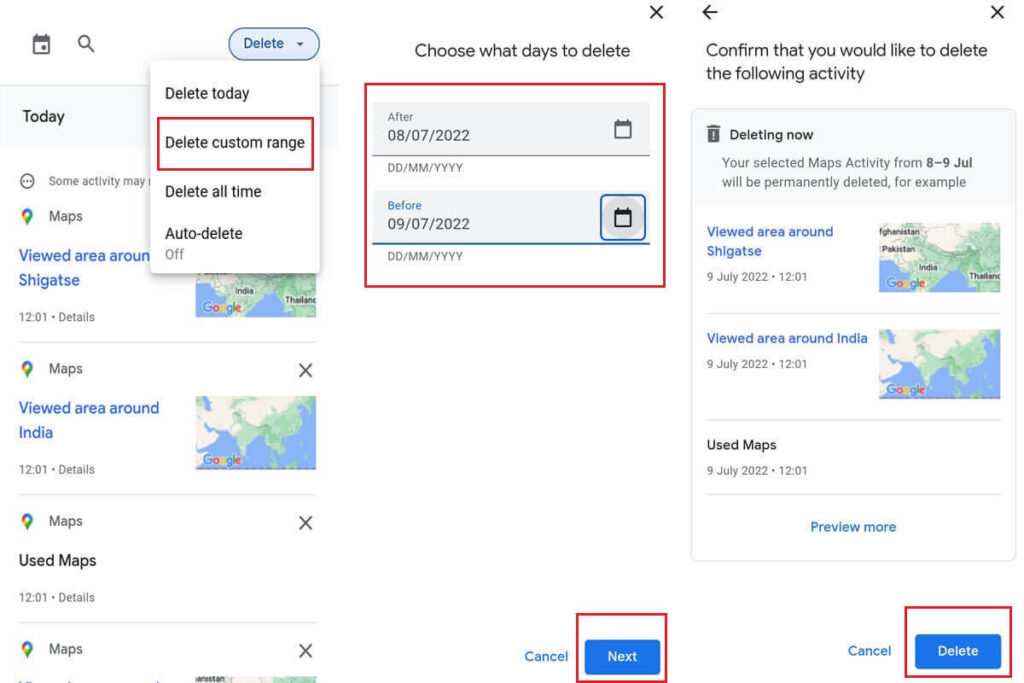 Delete recent searches and map activities in a custom date range.