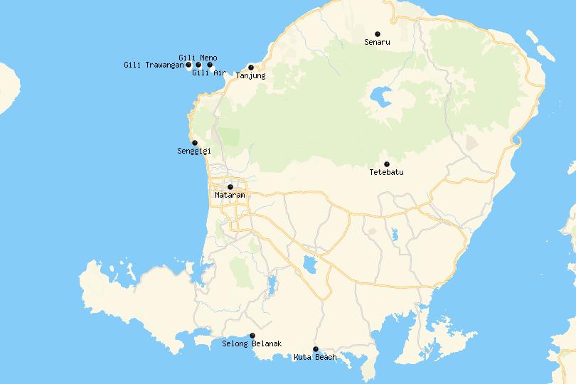 Map of the Best Places to Stay in Lombok