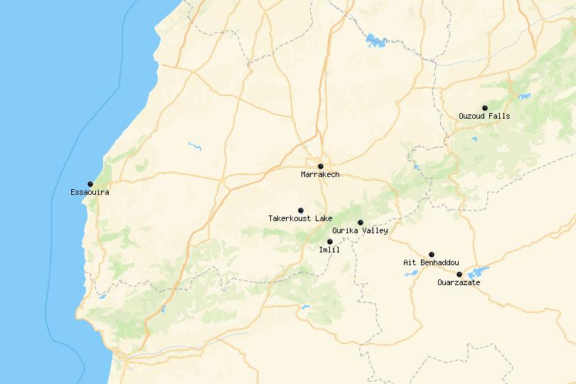 Map of day trips from Marrakesh