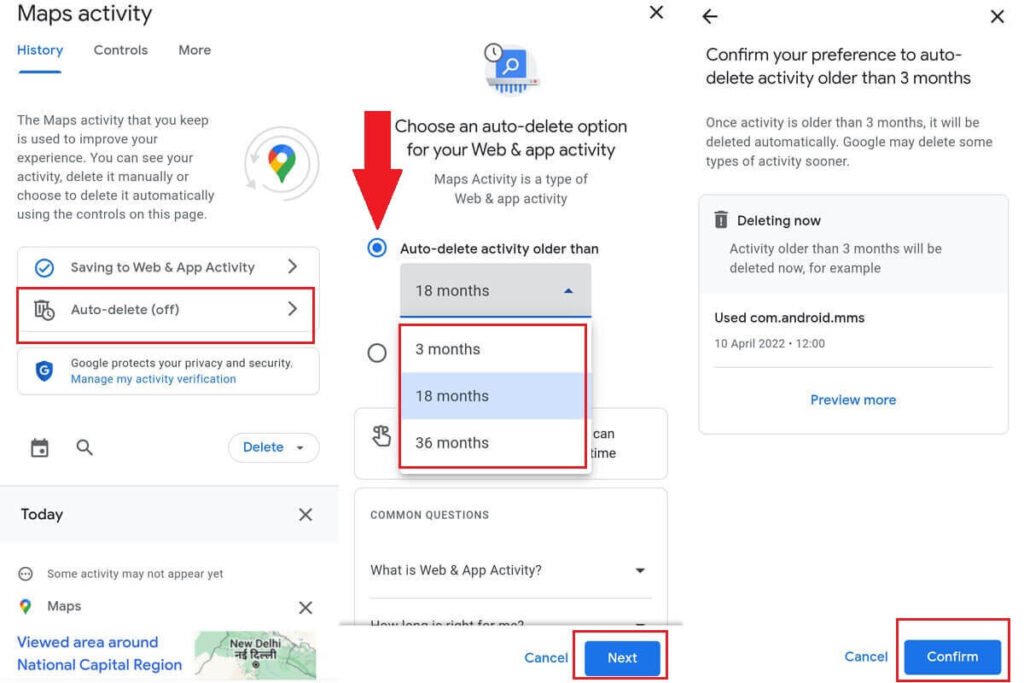 Auto-deletion of web & map activity in the Android Google Maps app.