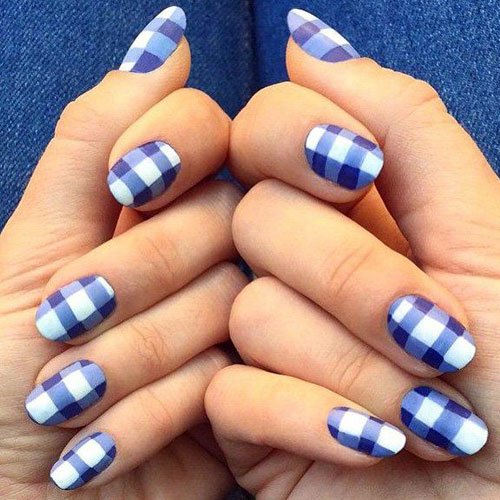 Light Blue Plaid Print Nails Designs