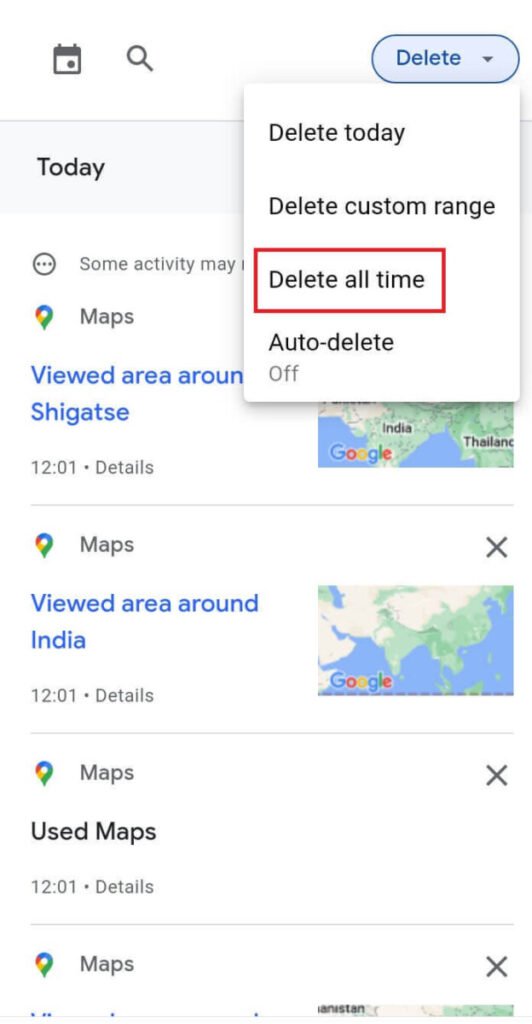 Select 'Delete all time' to clear the entire map activity data.
