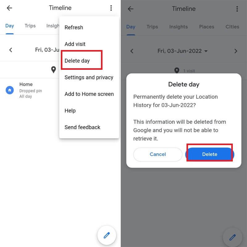 Remove all location data entries on a particular day.